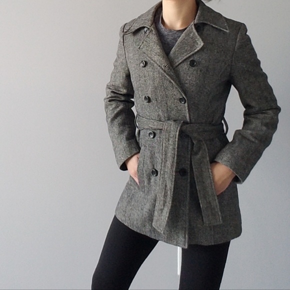 Tweed Wool Gray Black White Blazer Trench Jacket